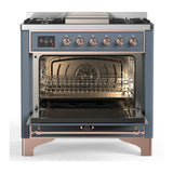 ILVE Majestic III 36-inch Dual Fuel Range with 6 Natural Gas Burner, Griddle and Triple Glass Door Electric Oven in Blue Grey with Copper Trim (UM36FNR3BGP)