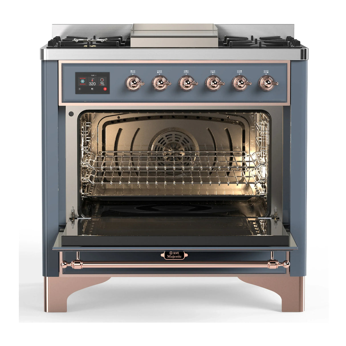 ILVE Majestic III 36-inch Dual Fuel Range with 5 Liquid Propane Burner, Griddle and Triple Glass Door Electric Oven in Blue Grey with Copper Trim (UM36FNR3BGPLP)