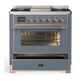 ILVE Majestic III 36-inch Dual Fuel Range with 5 Liquid Propane Burner, Griddle and Triple Glass Door Electric Oven in Blue Grey with Copper Trim (UM36FNR3BGPLP)