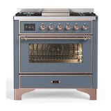 ILVE Majestic III 36-inch Dual Fuel Range with 5 Liquid Propane Burner, Griddle and Triple Glass Door Electric Oven in Blue Grey with Copper Trim (UM36FNR3BGPLP)