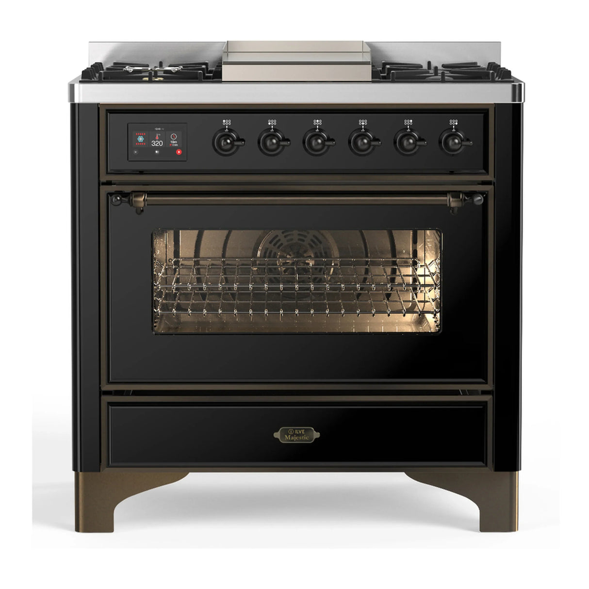 ILVE Majestic III 36-inch Dual Fuel Range with 5 Liquid Propane Burner, Griddle and Triple Glass Door Electric Oven in Glossy Black with Burnished Trim (UM36FNR3BKBLP)