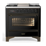 ILVE Majestic III 36-inch Dual Fuel Range with 5 Liquid Propane Burner, Griddle and Triple Glass Door Electric Oven in Glossy Black with Burnished Trim (UM36FNR3BKBLP)