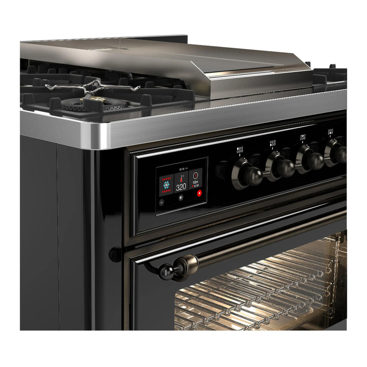 ILVE Majestic III 36-inch Dual Fuel Range with 6 Natural Gas Burner, Griddle and Triple Glass Door Electric Oven in Glossy Black with Burnished Trim (UM36FNR3BKB)