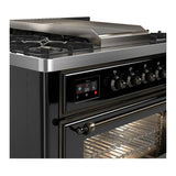 ILVE Majestic III 36-inch Dual Fuel Range with 6 Natural Gas Burner, Griddle and Triple Glass Door Electric Oven in Glossy Black with Burnished Trim (UM36FNR3BKB)