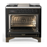 ILVE Majestic III 36-inch Dual Fuel Range with 6 Natural Gas Burner, Griddle and Triple Glass Door Electric Oven in Glossy Black with Burnished Trim (UM36FNR3BKB)