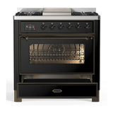 ILVE Majestic III 36-inch Dual Fuel Range with 5 Liquid Propane Burner, Griddle and Triple Glass Door Electric Oven in Glossy Black with Burnished Trim (UM36FNR3BKBLP)