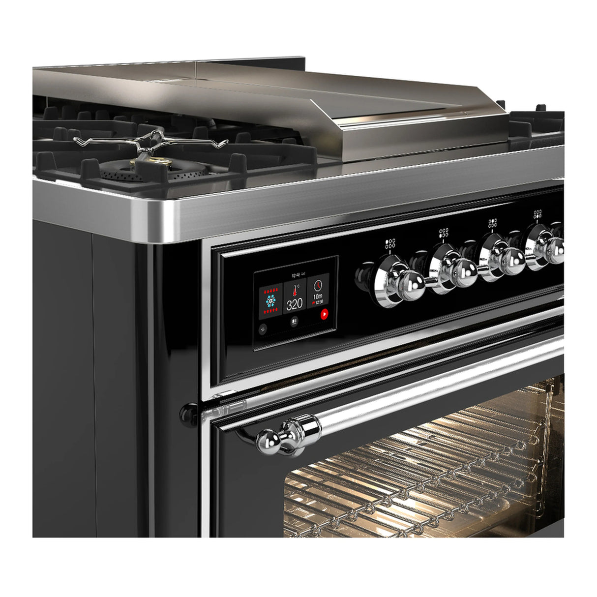ILVE Majestic III 36-inch Dual Fuel Range with 5 Liquid Propane Burner, Griddle and Triple Glass Door Electric Oven in Glossy Black with Chrome Trim (UM36FNR3BKCLP)