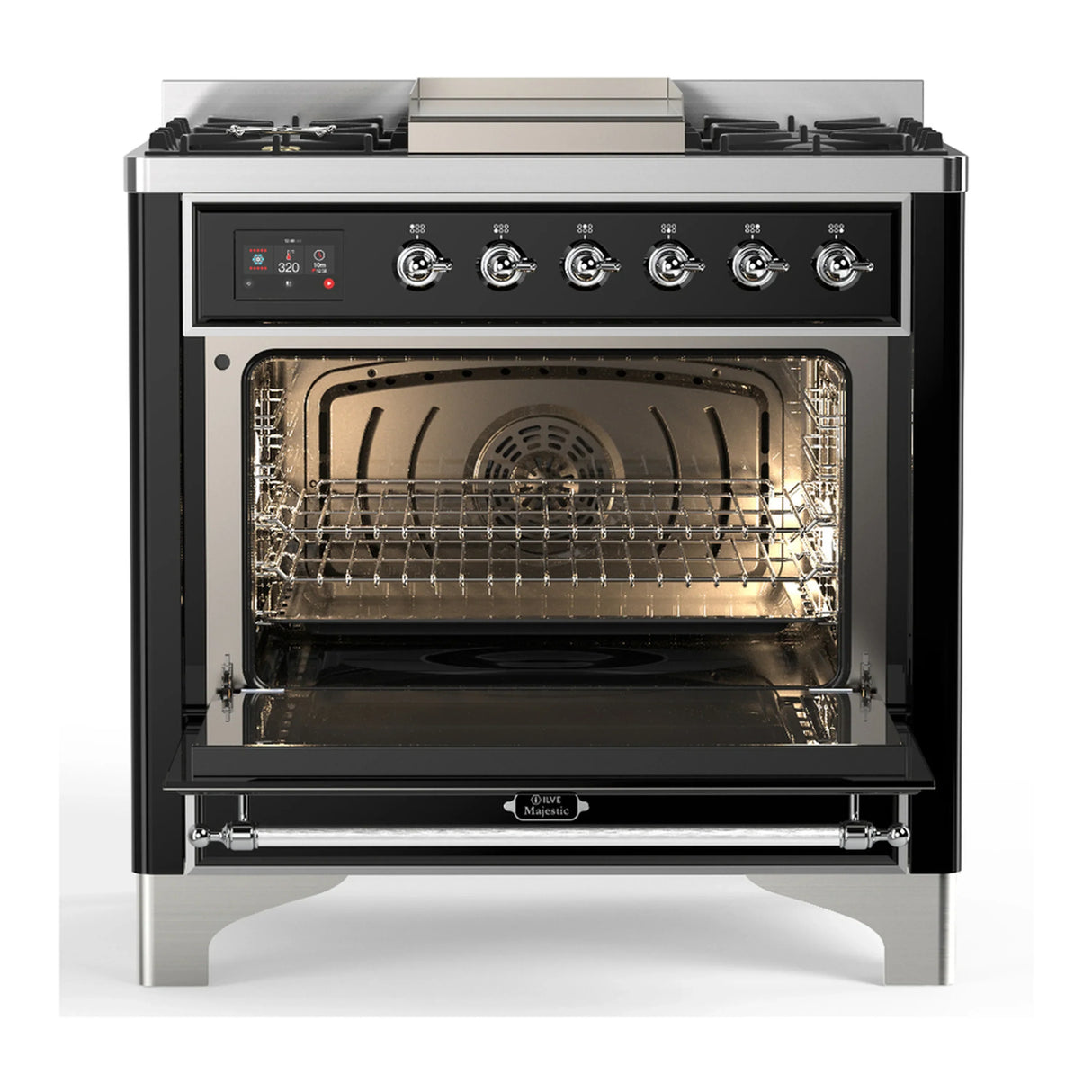 ILVE Majestic III 36-inch Dual Fuel Range with 5 Liquid Propane Burner, Griddle and Triple Glass Door Electric Oven in Glossy Black with Chrome Trim (UM36FNR3BKCLP)
