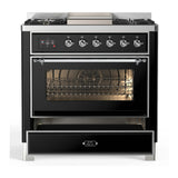 ILVE Majestic III 36-inch Dual Fuel Range with 5 Liquid Propane Burner, Griddle and Triple Glass Door Electric Oven in Glossy Black with Chrome Trim (UM36FNR3BKCLP)