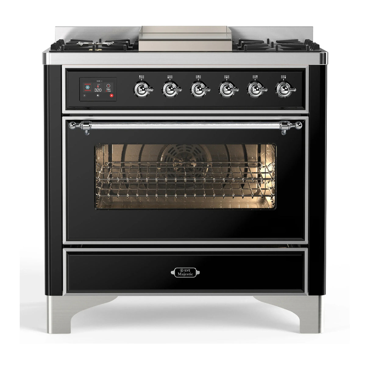 ILVE Majestic III 36-inch Dual Fuel Range with 5 Liquid Propane Burner, Griddle and Triple Glass Door Electric Oven in Glossy Black with Chrome Trim (UM36FNR3BKCLP)