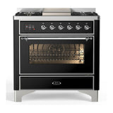 ILVE Majestic III 36-inch Dual Fuel Range with 5 Liquid Propane Burner, Griddle and Triple Glass Door Electric Oven in Glossy Black with Chrome Trim (UM36FNR3BKCLP)