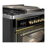 ILVE Majestic III 36-inch Dual Fuel Range with 6 Natural Gas Burner, Griddle and Triple Glass Door Electric Oven in Glossy Black with Brass Trim (UM36FNR3BKG)