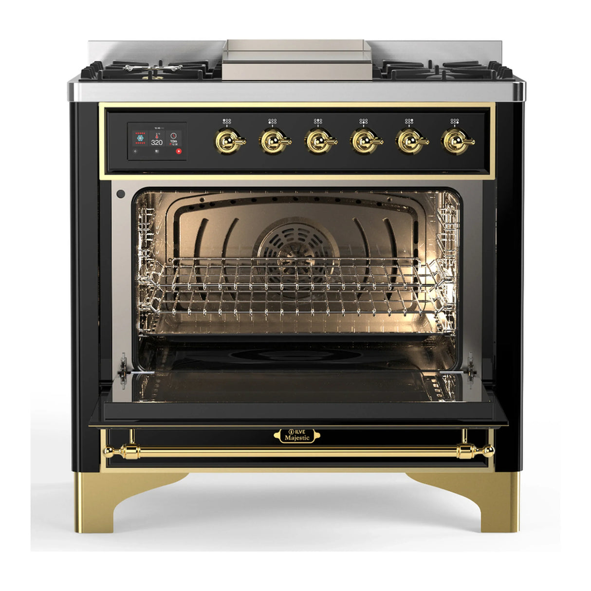 ILVE Majestic III 36-inch Dual Fuel Range with 6 Natural Gas Burner, Griddle and Triple Glass Door Electric Oven in Glossy Black with Brass Trim (UM36FNR3BKG)