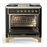 ILVE Majestic III 36-inch Dual Fuel Range with 6 Natural Gas Burner, Griddle and Triple Glass Door Electric Oven in Glossy Black with Brass Trim (UM36FNR3BKG)