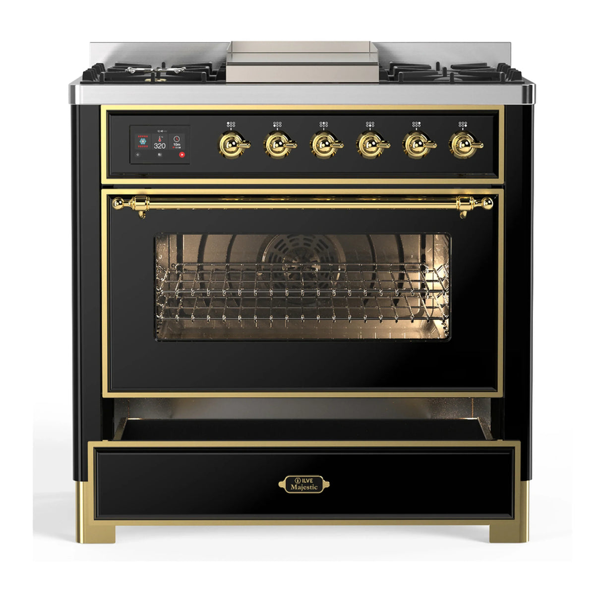 ILVE Majestic III 36-inch Dual Fuel Range with 6 Natural Gas Burner, Griddle and Triple Glass Door Electric Oven in Glossy Black with Brass Trim (UM36FNR3BKG)