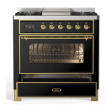 ILVE Majestic III 36-inch Dual Fuel Range with 6 Natural Gas Burner, Griddle and Triple Glass Door Electric Oven in Glossy Black with Brass Trim (UM36FNR3BKG)