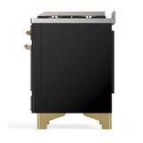 ILVE Majestic III 36-inch Dual Fuel Range with 6 Natural Gas Burner, Griddle and Triple Glass Door Electric Oven in Glossy Black with Brass Trim (UM36FNR3BKG)