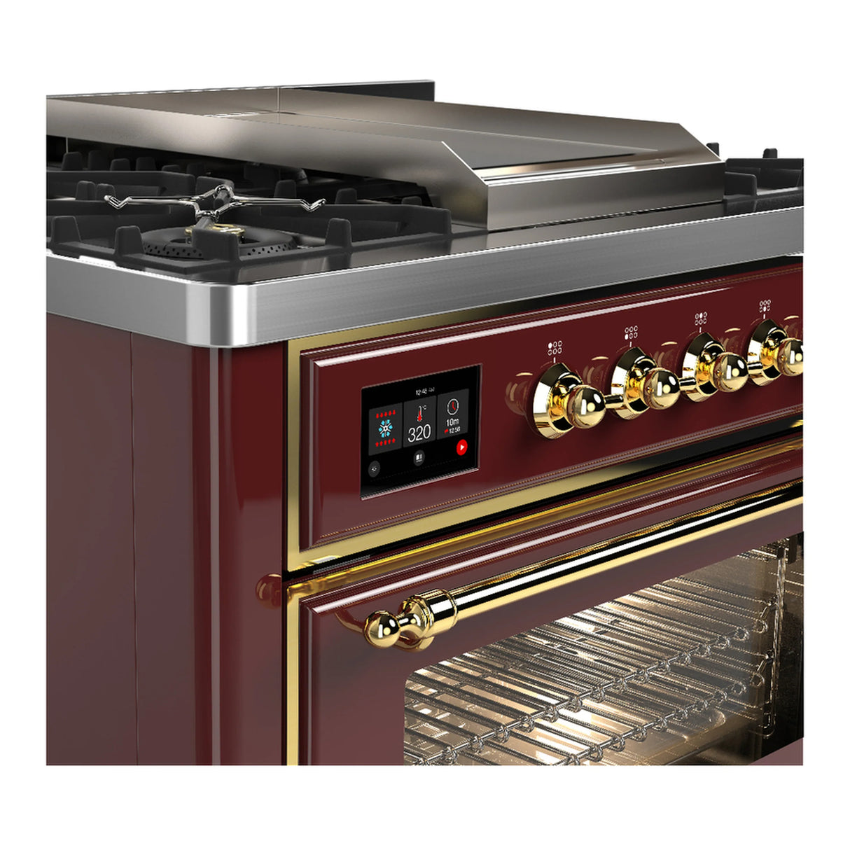 ILVE Majestic III 36-inch Dual Fuel Range with 5 Liquid Propane Burner, Griddle and Triple Glass Door Electric Oven in Burgundy with Brass Trim (UM36FNR3BUGLP)