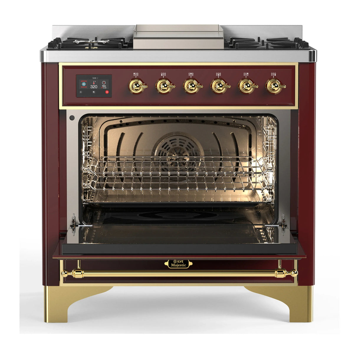 ILVE Majestic III 36-inch Dual Fuel Range with 5 Liquid Propane Burner, Griddle and Triple Glass Door Electric Oven in Burgundy with Brass Trim (UM36FNR3BUGLP)