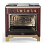 ILVE Majestic III 36-inch Dual Fuel Range with 5 Liquid Propane Burner, Griddle and Triple Glass Door Electric Oven in Burgundy with Brass Trim (UM36FNR3BUGLP)