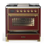 ILVE Majestic III 36-inch Dual Fuel Range with 5 Liquid Propane Burner, Griddle and Triple Glass Door Electric Oven in Burgundy with Brass Trim (UM36FNR3BUGLP)