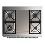 ILVE Majestic III 36-inch Dual Fuel Range with 5 Liquid Propane Burner, Griddle and Triple Glass Door Electric Oven in Burgundy with Brass Trim (UM36FNR3BUGLP)