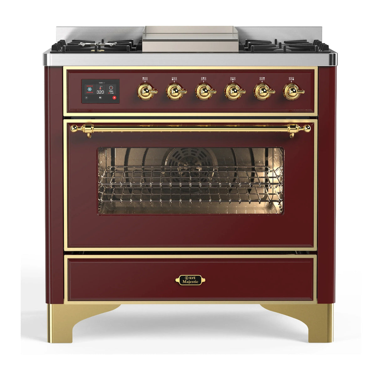 ILVE Majestic III 36-inch Dual Fuel Range with 5 Liquid Propane Burner, Griddle and Triple Glass Door Electric Oven in Burgundy with Brass Trim (UM36FNR3BUGLP)