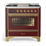 ILVE Majestic III 36-inch Dual Fuel Range with 5 Liquid Propane Burner, Griddle and Triple Glass Door Electric Oven in Burgundy with Brass Trim (UM36FNR3BUGLP)