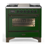ILVE Majestic III 36-inch Dual Fuel Range with 6 Natural Gas Burner, Griddle and Triple Glass Door Electric Oven in Emerald Green with Burnished Trim (UM36FNR3EGB)