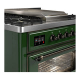 ILVE Majestic III 36-inch Dual Fuel Range with 6 Natural Gas Burner, Griddle and Triple Glass Door Electric Oven in Emerald Green with Burnished Trim (UM36FNR3EGB)