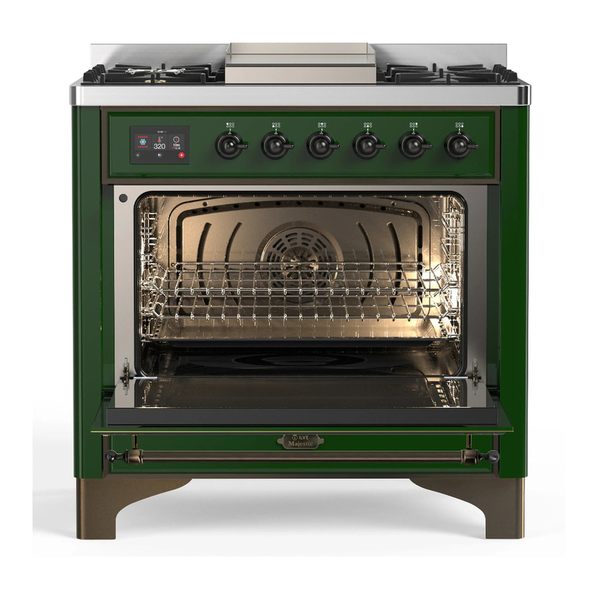 ILVE Majestic III 36-inch Dual Fuel Range with 6 Natural Gas Burner, Griddle and Triple Glass Door Electric Oven in Emerald Green with Burnished Trim (UM36FNR3EGB)