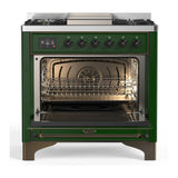 ILVE Majestic III 36-inch Dual Fuel Range with 6 Natural Gas Burner, Griddle and Triple Glass Door Electric Oven in Emerald Green with Burnished Trim (UM36FNR3EGB)