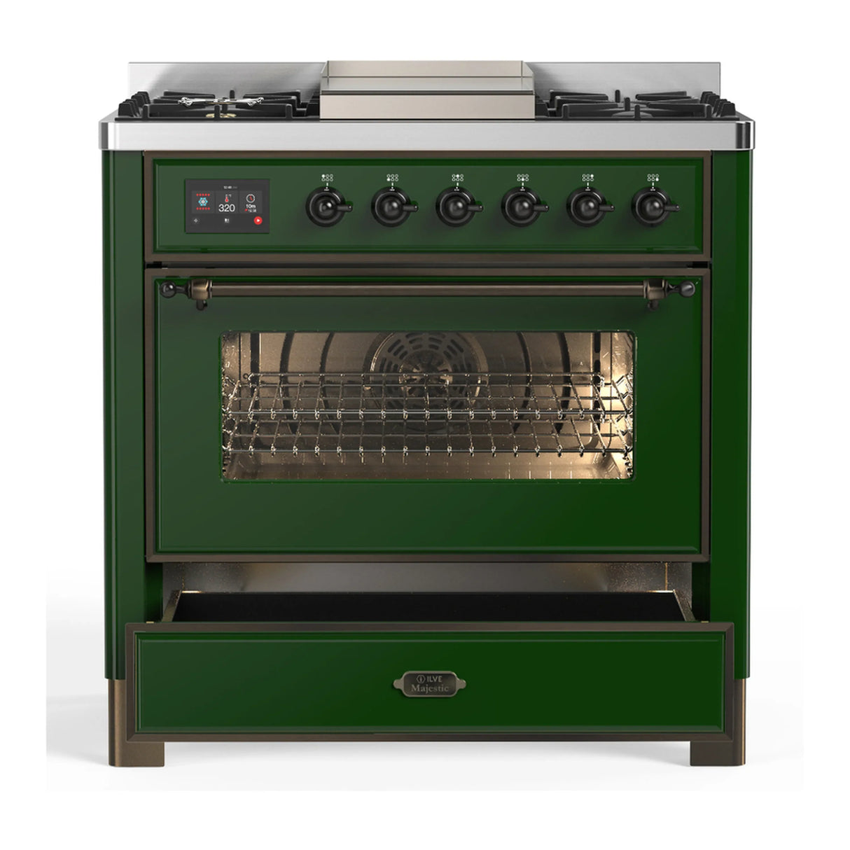 ILVE Majestic III 36-inch Dual Fuel Range with 6 Natural Gas Burner, Griddle and Triple Glass Door Electric Oven in Emerald Green with Burnished Trim (UM36FNR3EGB)