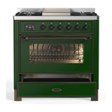 ILVE Majestic III 36-inch Dual Fuel Range with 6 Natural Gas Burner, Griddle and Triple Glass Door Electric Oven in Emerald Green with Burnished Trim (UM36FNR3EGB)