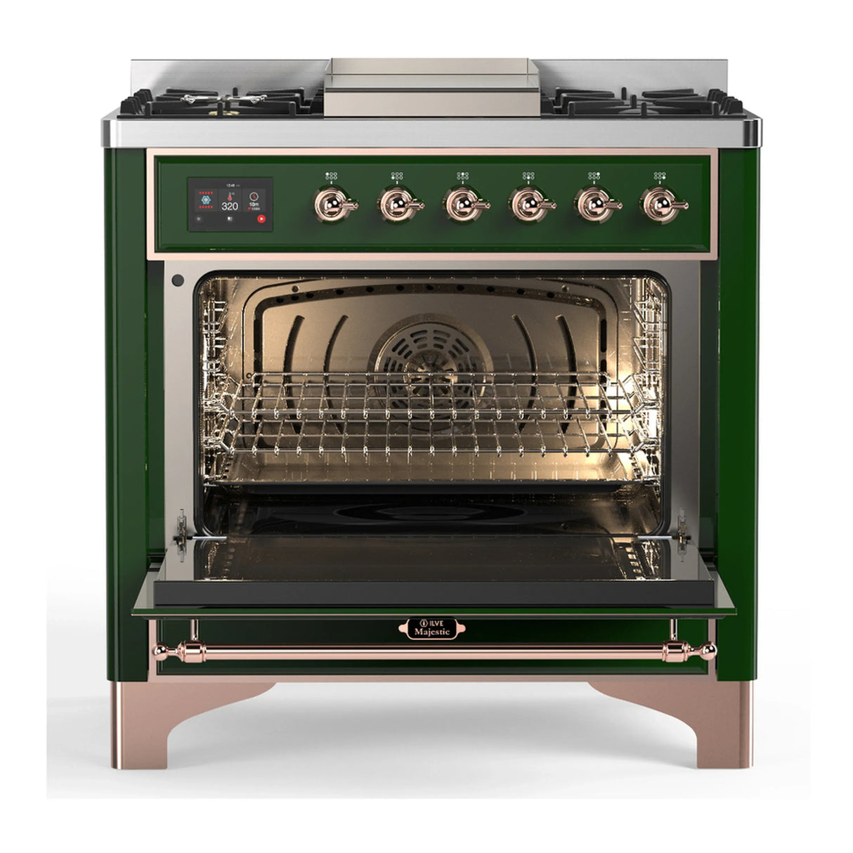 ILVE Majestic III 36-inch Dual Fuel Range with 6 Natural Gas Burner, Griddle and Triple Glass Door Electric Oven in Emerald Green with Copper Trim (UM36FNR3EGP)