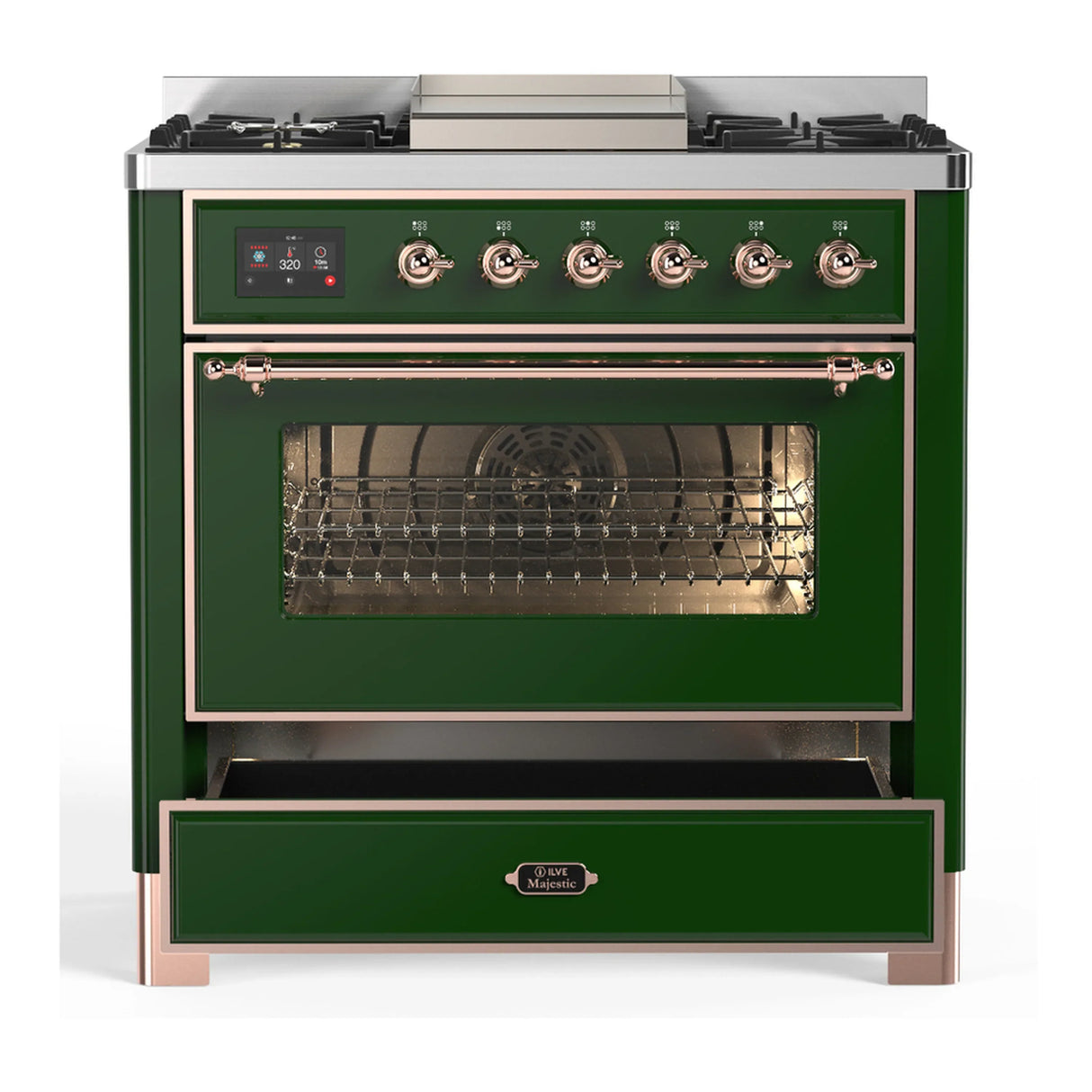 ILVE Majestic III 36-inch Dual Fuel Range with 6 Natural Gas Burner, Griddle and Triple Glass Door Electric Oven in Emerald Green with Copper Trim (UM36FNR3EGP)