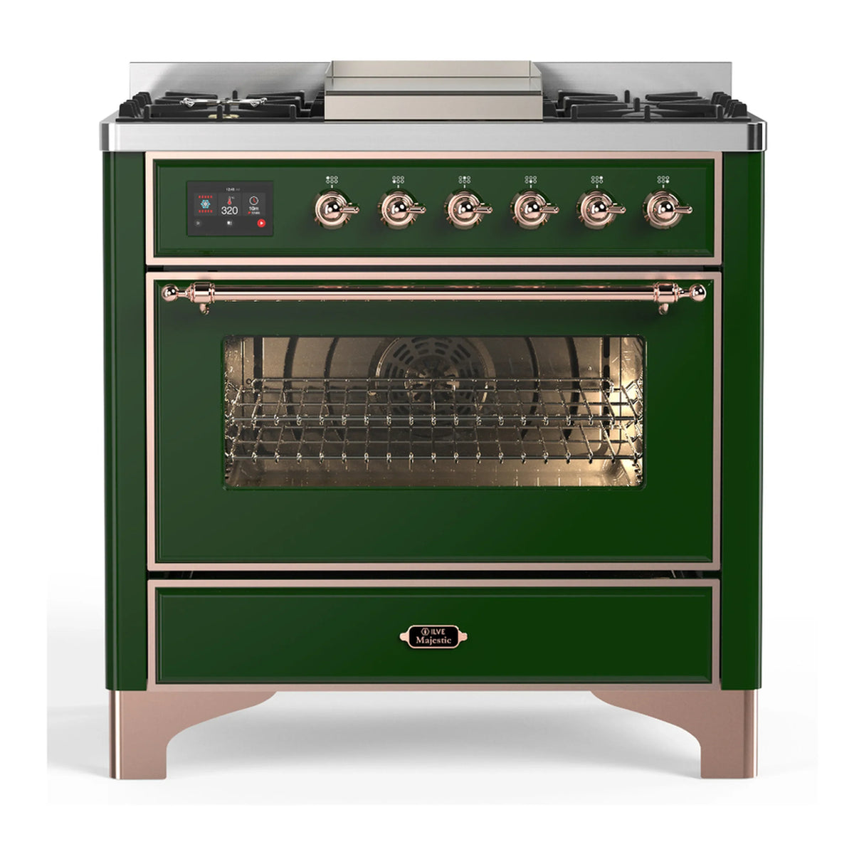 ILVE Majestic III 36-inch Dual Fuel Range with 6 Natural Gas Burner, Griddle and Triple Glass Door Electric Oven in Emerald Green with Copper Trim (UM36FNR3EGP)