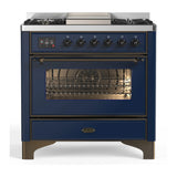 ILVE Majestic III 36-inch Dual Fuel Range with 6 Natural Gas Burner, Griddle and Triple Glass Door Electric Oven in Midnight Blue with Burnished Trim (UM36FNR3MBB)