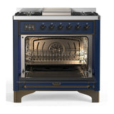 ILVE Majestic III 36-inch Dual Fuel Range with 6 Natural Gas Burner, Griddle and Triple Glass Door Electric Oven in Midnight Blue with Burnished Trim (UM36FNR3MBB)