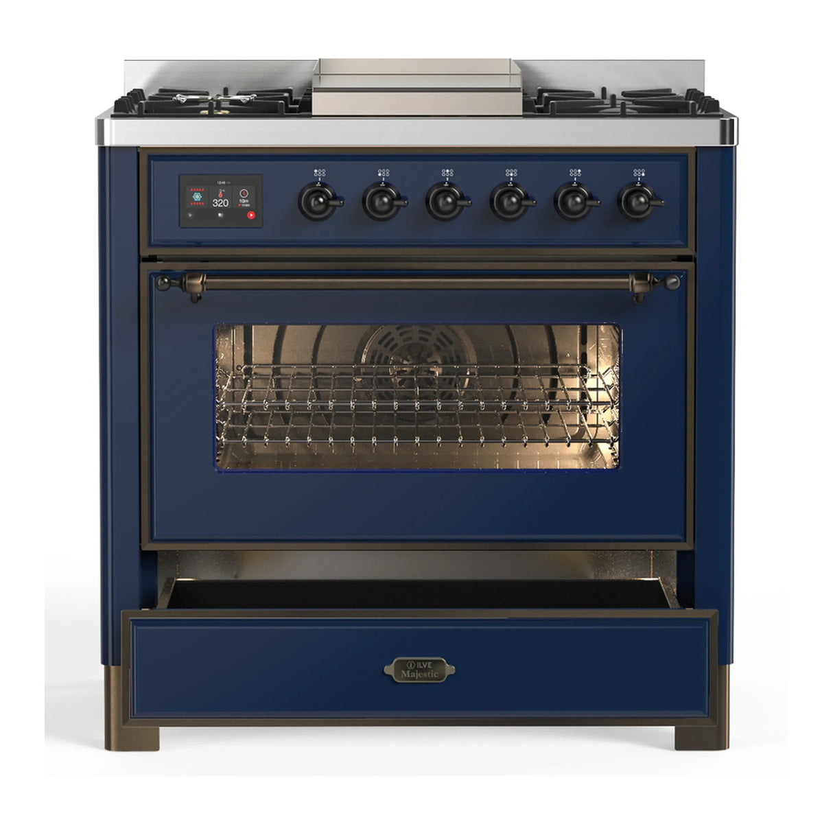 ILVE Majestic III 36-inch Dual Fuel Range with 6 Natural Gas Burner, Griddle and Triple Glass Door Electric Oven in Midnight Blue with Burnished Trim (UM36FNR3MBB)