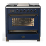 ILVE Majestic III 36-inch Dual Fuel Range with 6 Natural Gas Burner, Griddle and Triple Glass Door Electric Oven in Midnight Blue with Burnished Trim (UM36FNR3MBB)