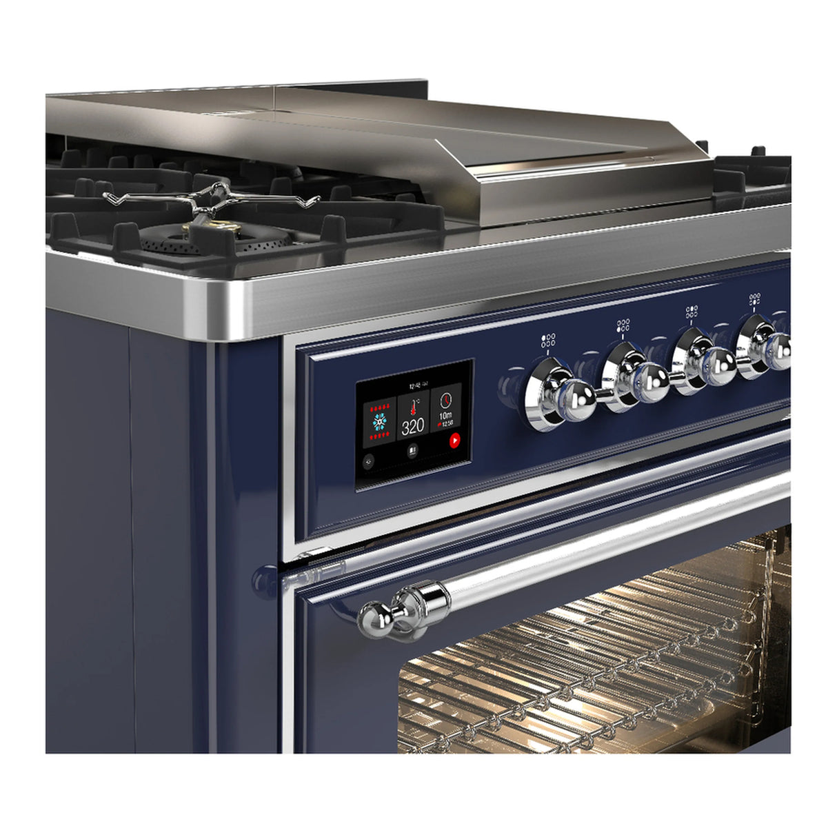 ILVE Majestic III 36-inch Dual Fuel Range with 6 Natural Gas Burner, Griddle and Triple Glass Door Electric Oven in Midnight Blue with Chrome Trim (UM36FNR3MBC)