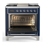 ILVE Majestic III 36-inch Dual Fuel Range with 6 Natural Gas Burner, Griddle and Triple Glass Door Electric Oven in Midnight Blue with Chrome Trim (UM36FNR3MBC)