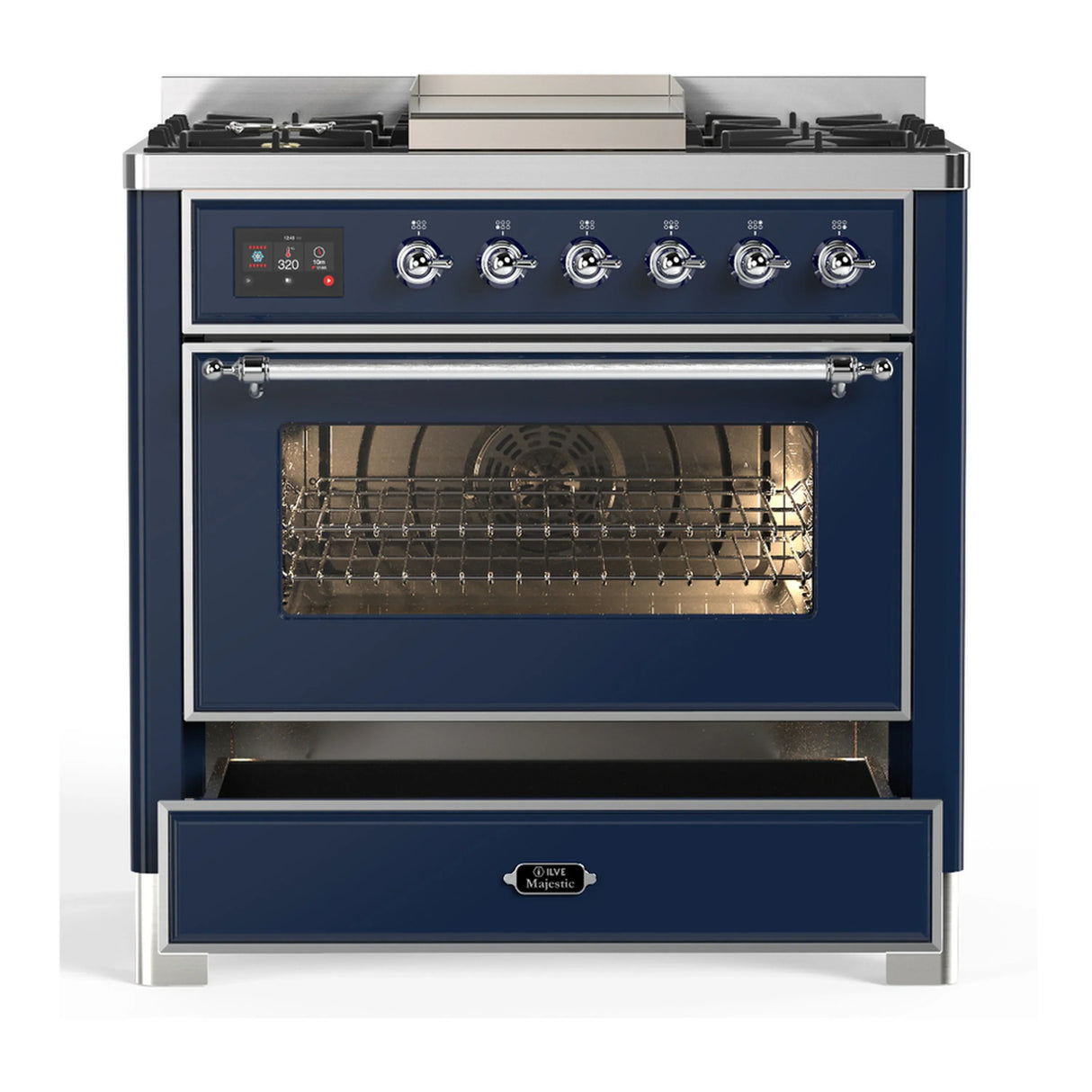 ILVE Majestic III 36-inch Dual Fuel Range with 6 Natural Gas Burner, Griddle and Triple Glass Door Electric Oven in Midnight Blue with Chrome Trim (UM36FNR3MBC)