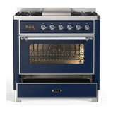 ILVE Majestic III 36-inch Dual Fuel Range with 6 Natural Gas Burner, Griddle and Triple Glass Door Electric Oven in Midnight Blue with Chrome Trim (UM36FNR3MBC)