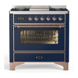 ILVE Majestic III 36-inch Dual Fuel Range with 6 Natural Gas Burner, Griddle and Triple Glass Door Electric Oven in Midnight Blue with Copper Trim (UM36FNR3MBP)