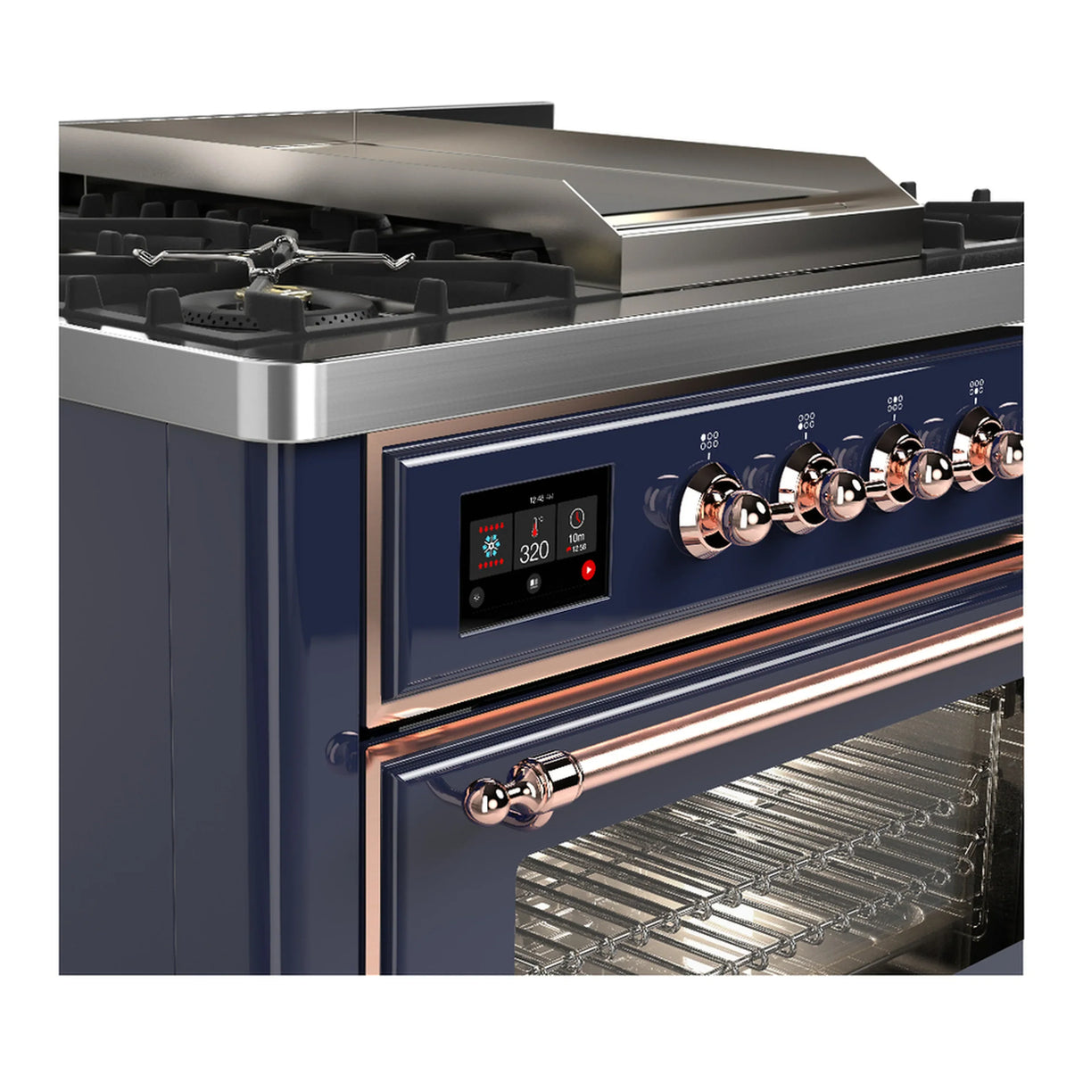 ILVE Majestic III 36-inch Dual Fuel Range with 6 Natural Gas Burner, Griddle and Triple Glass Door Electric Oven in Midnight Blue with Copper Trim (UM36FNR3MBP)