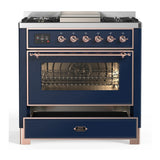 ILVE Majestic III 36-inch Dual Fuel Range with 6 Natural Gas Burner, Griddle and Triple Glass Door Electric Oven in Midnight Blue with Copper Trim (UM36FNR3MBP)