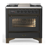 ILVE Majestic III 36-inch Dual Fuel Range with 6 Natural Gas Burner, Griddle and Triple Glass Door Electric Oven in Graphite Matte with Burnished Trim (UM36FNR3MGB)