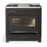 ILVE Majestic III 36-inch Dual Fuel Range with 6 Natural Gas Burner, Griddle and Triple Glass Door Electric Oven in Graphite Matte with Burnished Trim (UM36FNR3MGB)